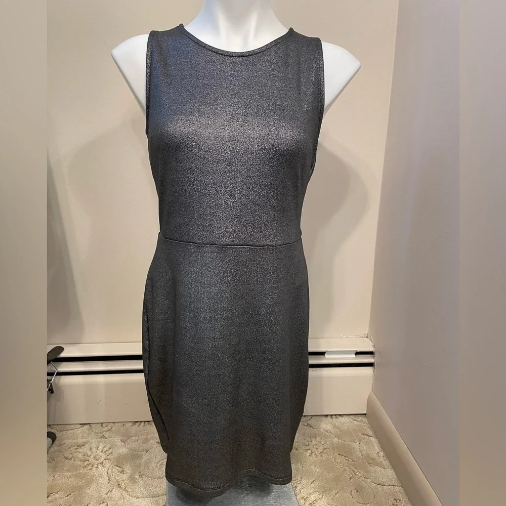 ASTR | Black Metallic Stretchy Sheath Dress Large Fleece Lined Cross Back Open